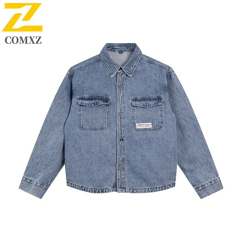 

COMXZ Mens Cotton Denim Jacket 2025 Vintage Street Fashion Motorcycle Denim Coat Autumn Casual Workwear Blue Washed Jackets