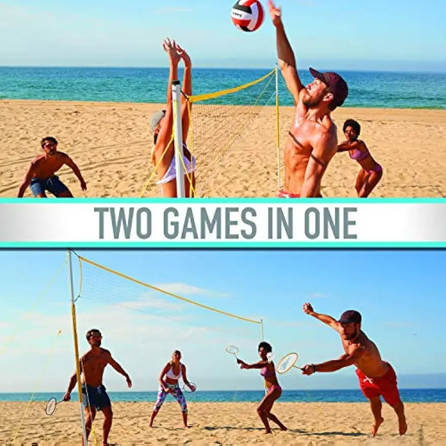 Portable Volleyball and Badminton Combo Set with Net, Rackets, Ball for Outdoor Family Fun
