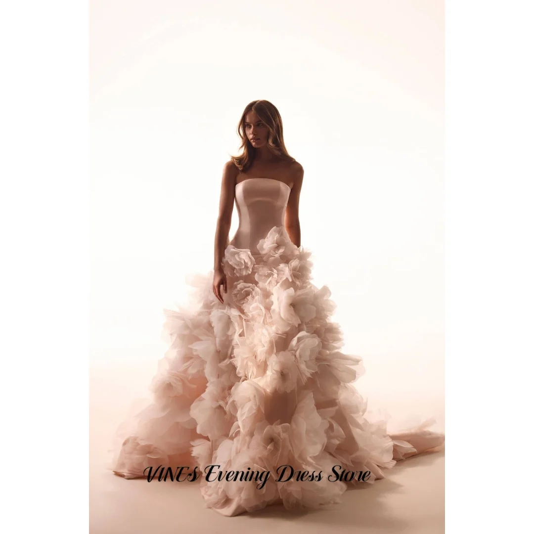 VINES Luxury Blush Pink Prom Dress Strapless Satin Corset 3D Flower Evening Gown Floor Length Formal Gown With Train Customized