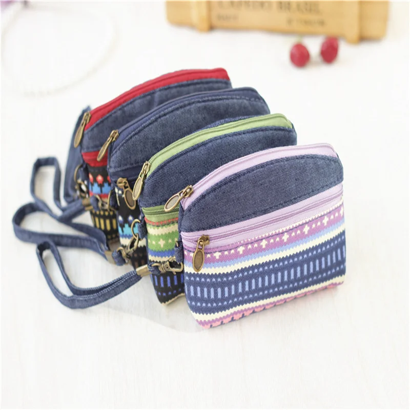 Coin Purse Ethnic Style Double Handle Carrying Fabric Coin Bag Splicing Print Ladies Coin Purse Key Bag Cotton New Style