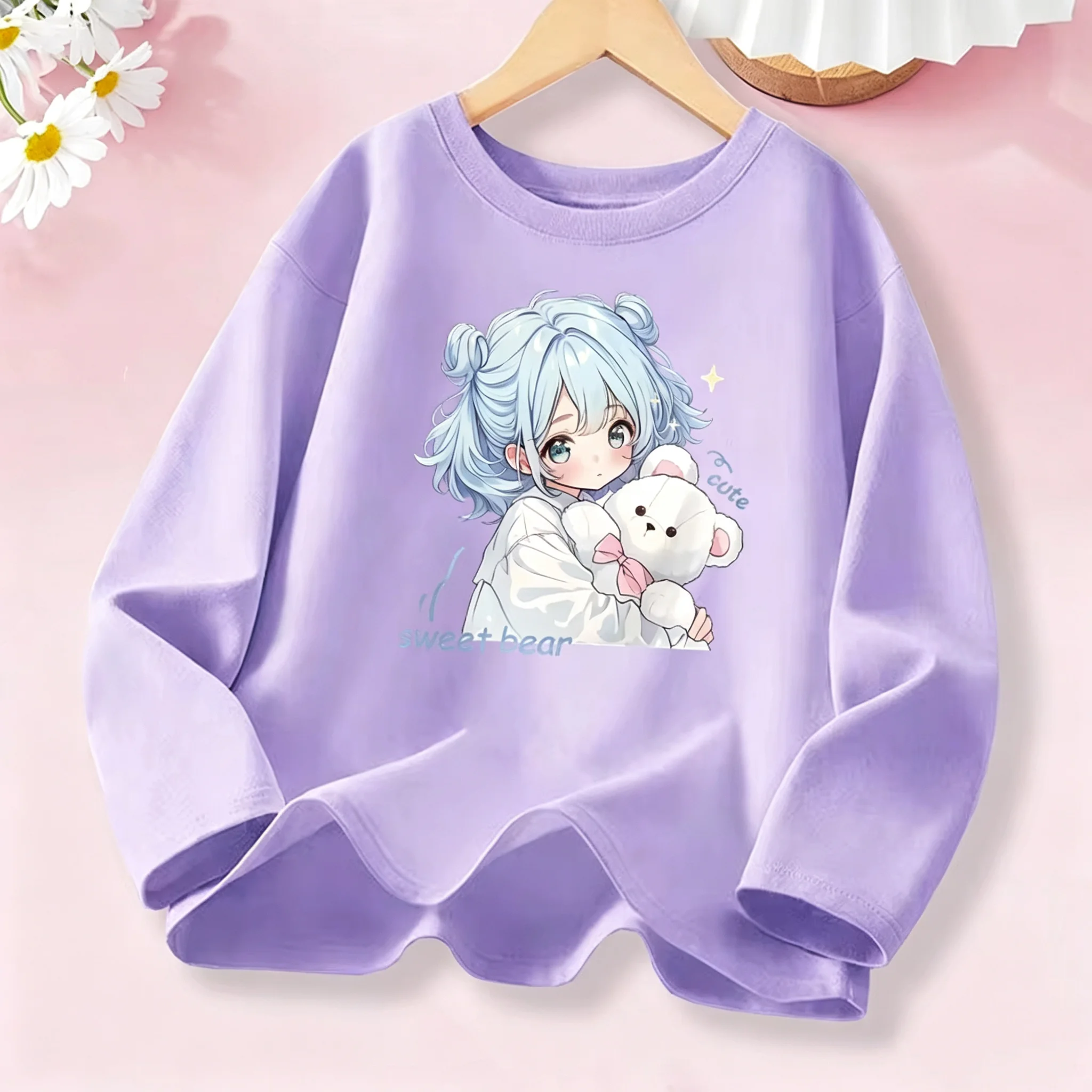 Anime Girl & Sweet Bear Purple T-shirt for Girls - Children's Wear Spring Autumn Long Sleeve Tops Daily Wear