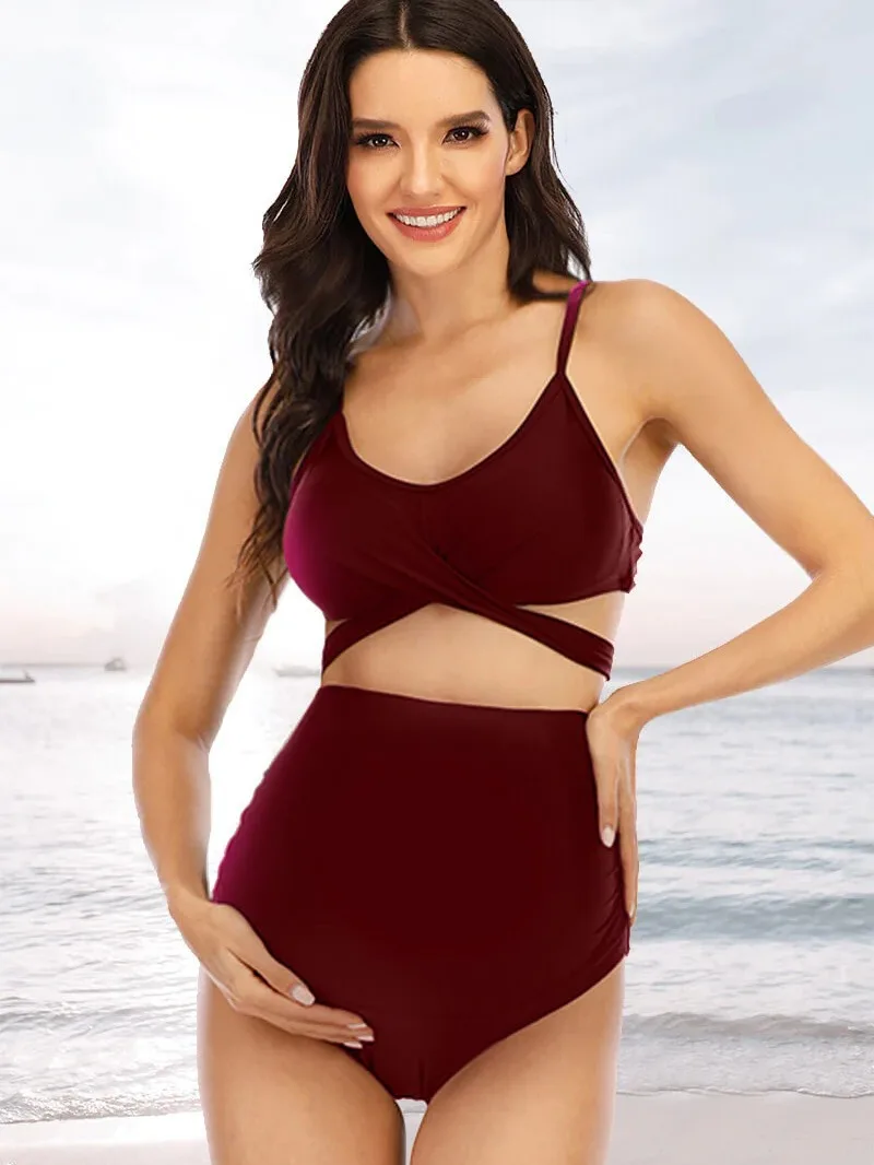 Women Maternity Bikini Sets Cross Bandage Sexy High Waist Two Pieces Swimwear Bathing Suit For Pregnant Women Beachwear Swimsuit