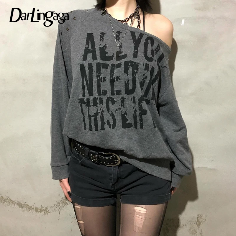 Darlingaga Streetwear Letter Printed Skew Neck Autumn Sweatshirts Y2K Hottie Fashion Loose Hoodies Women Harajuku Retro Pullover