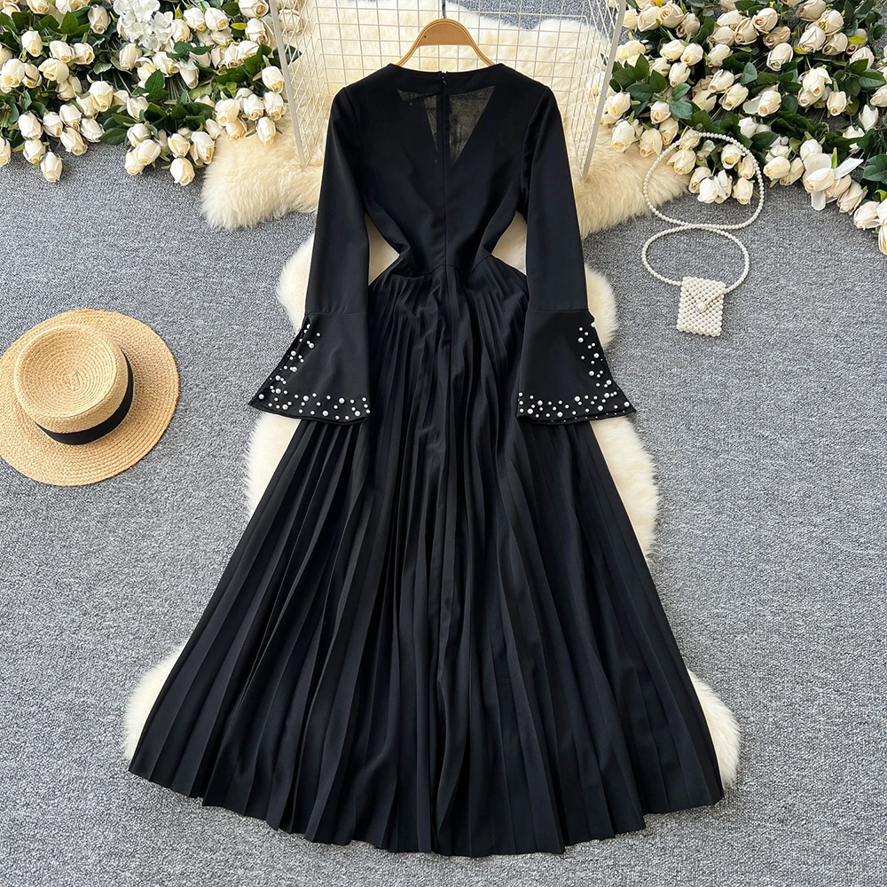 TWOTWINSTYLE Patchwork Pearls Elegant Dress For Women V Neck Flare Sleeve High Waist Spliced Pleated Dresses Female KDR517946