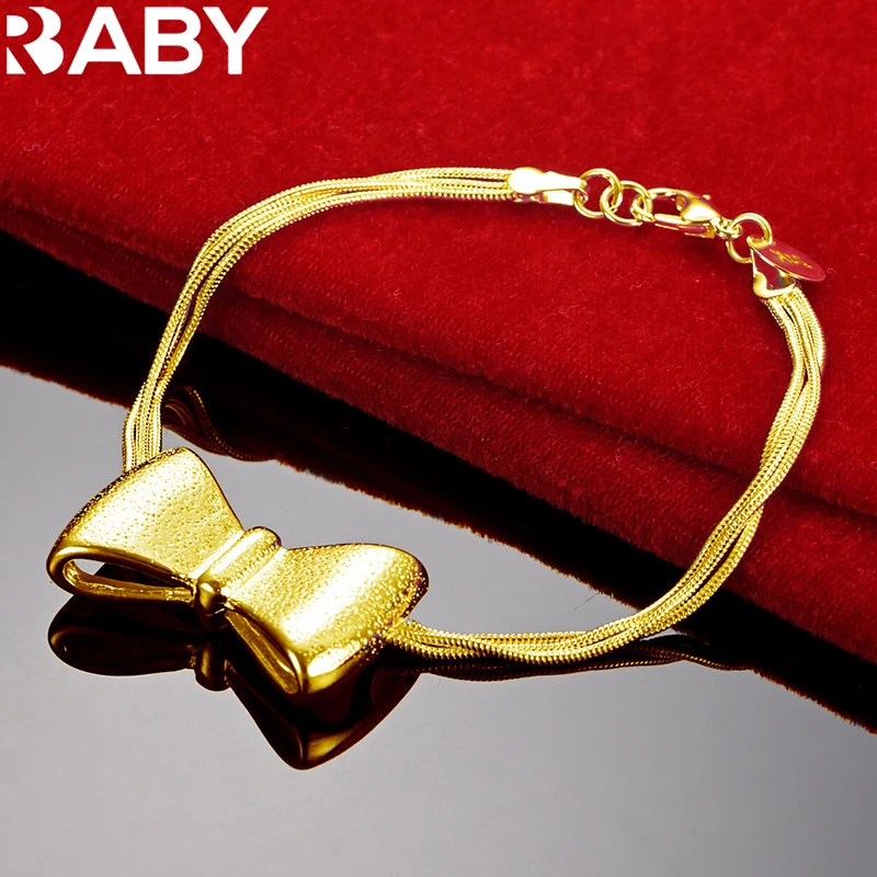 

URBABY 925 Sterling Silver Bracelet 24K Gold Bowknot Bracelet For Women Wedding Party Jewelry Gifts Girl Cute Charm Accessories