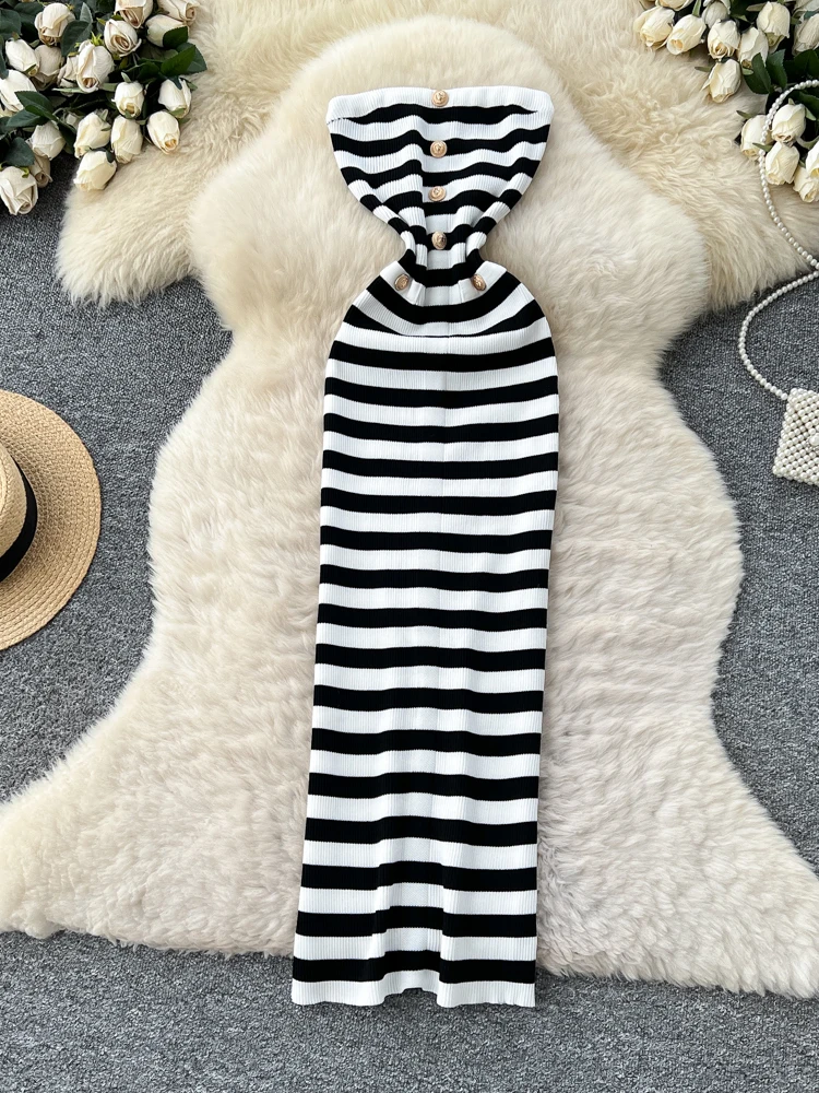 

Шикарный сексуальный трикотаж трапециевидной формы с высокой талией в полоску, облегающий крой с запахом из полиэфирного волокна, летняя мода, городские поездки на работу