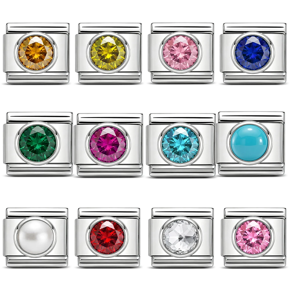 New Fashion Exclusive Lucky Month Stone Italian Charms Link Fit 9mm Stainless Steel Bracelet Making DIY Women Jewelry