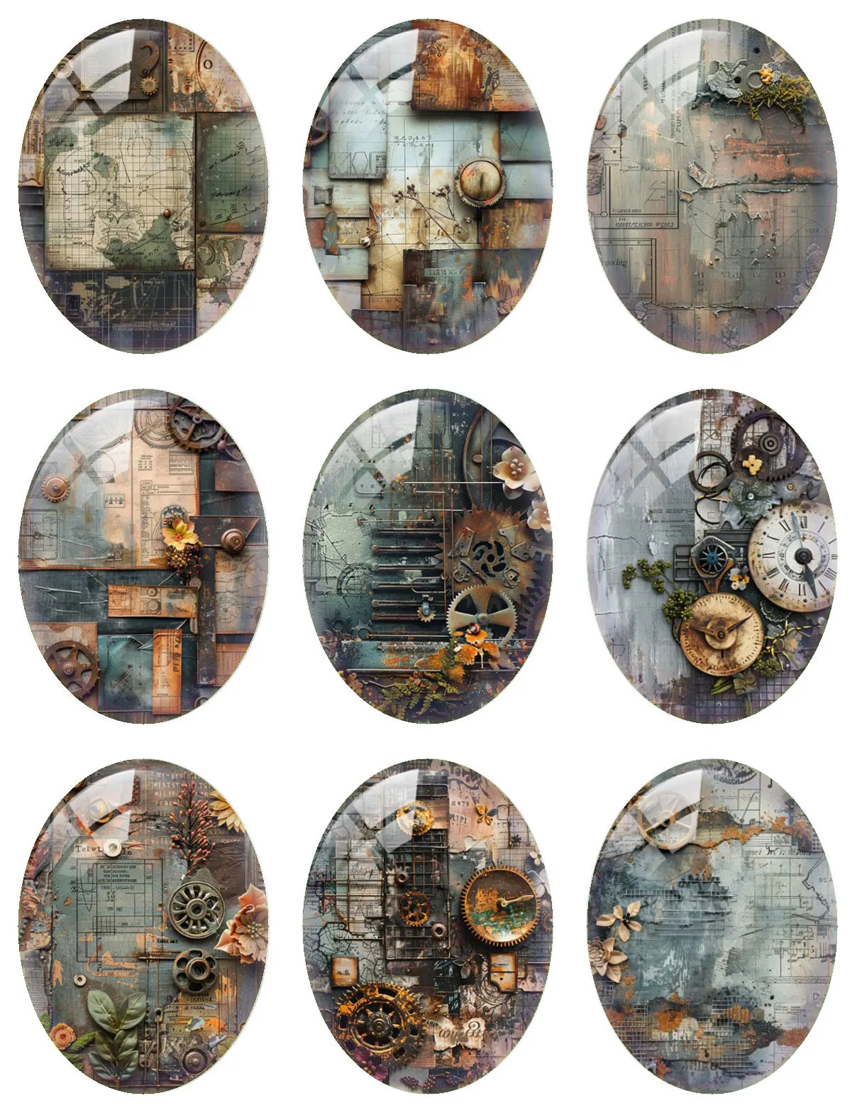 10pcs/lot Steampunk Gear Splice Geometry Pattern Oval Photo Glass Cabochon Flatback Demo Flat Back Cameo For Diy Jewelry Making