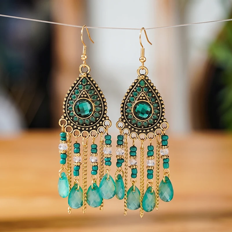 Vintage Böhmische Strass-Tropfenohrringe für Damen, Retro-Textur Perlenketten-Quasten-Charm-Ohrringe, Ethnischer Schmuck