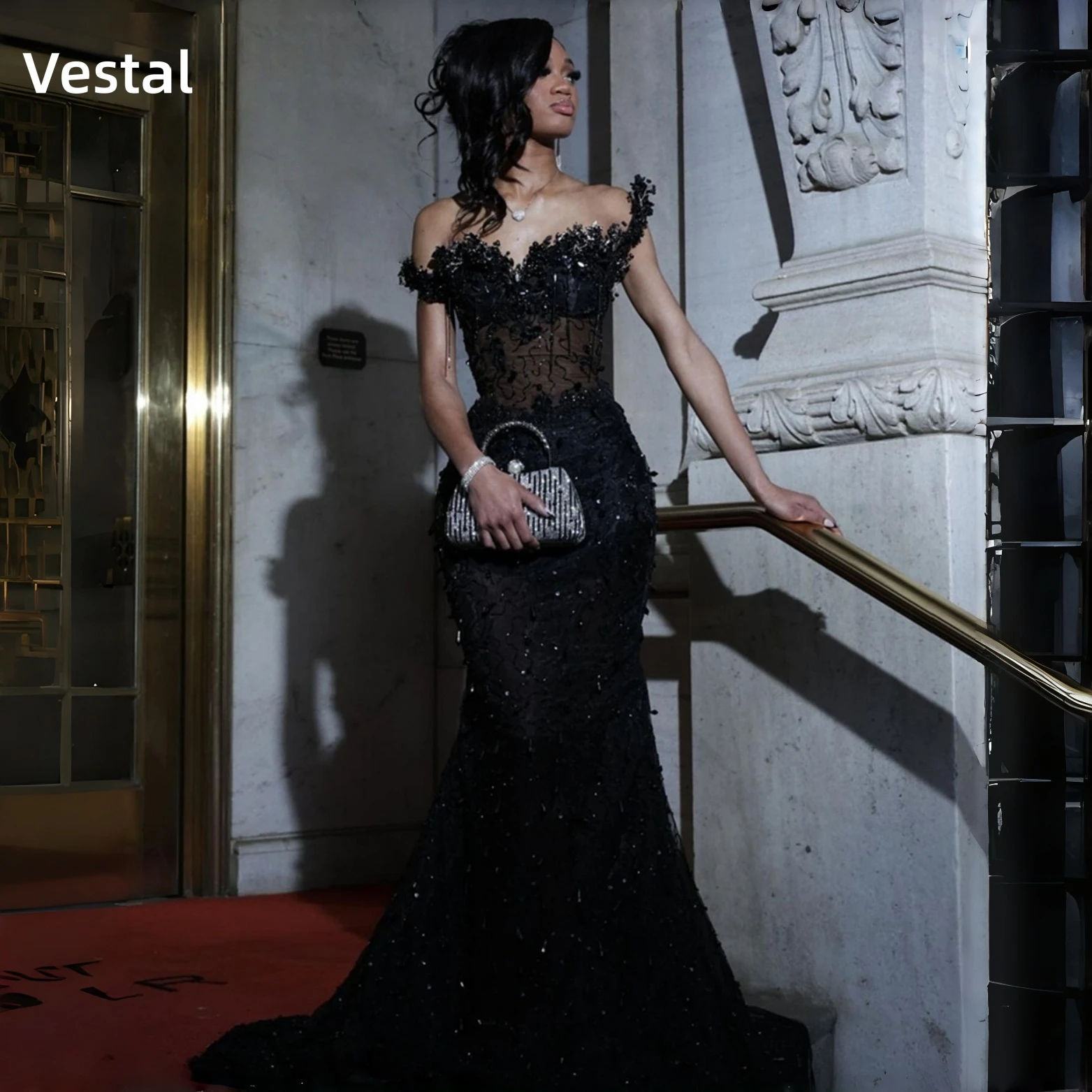 Off Shoulder Prom Dress 2026 Black Lace Appliques Sequin Crystals Matric Dance Dress Black Girl Evening Party Gowns Customized