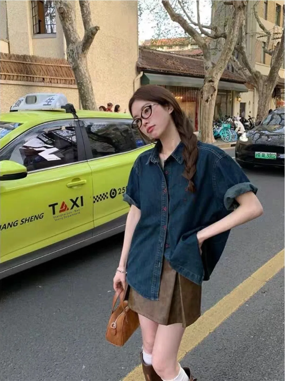 

Retro American Short Sleeve Denim Shirt Women Summer Thin Loose Slimming Casual Small Size Loose Lazy Top