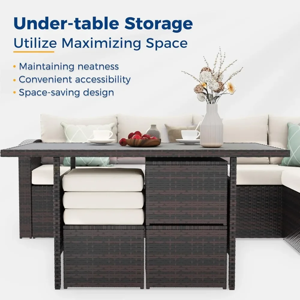 مجموعة أثاث الفناء، أريكة مقطعية لتناول الطعام في الهواء الطلق مع طاولة طعام وكرسي، محادثة من الخيزران لجميع الأحوال الجوية