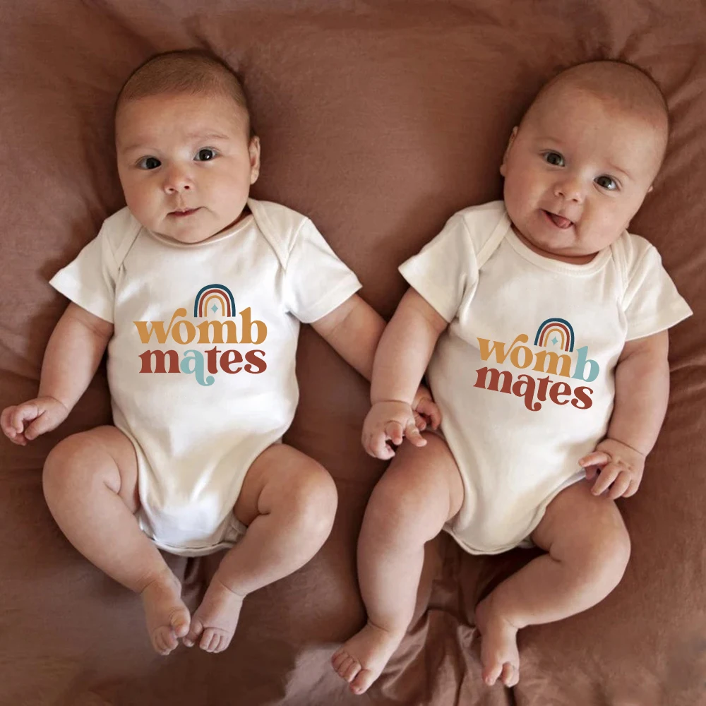 Cute Funny Twin Baby Boys Girls Clothes Womb Mates A B Fashion Newborn Onesie Pajamas Cotton Comzy Infant Outfits Bodysuits