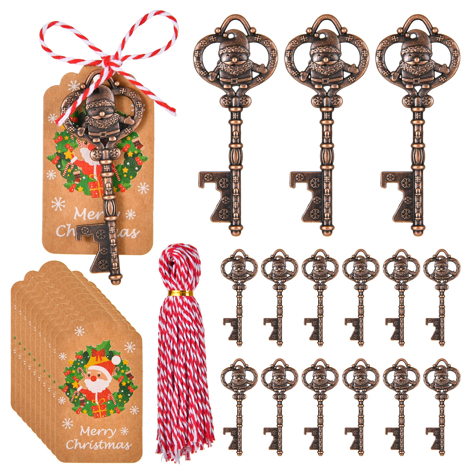 

200pcs Vintage Santa Claus Key Bottle Openers with Escort Card Tag and Twine for Christmas Party Favors Rustic Decoration