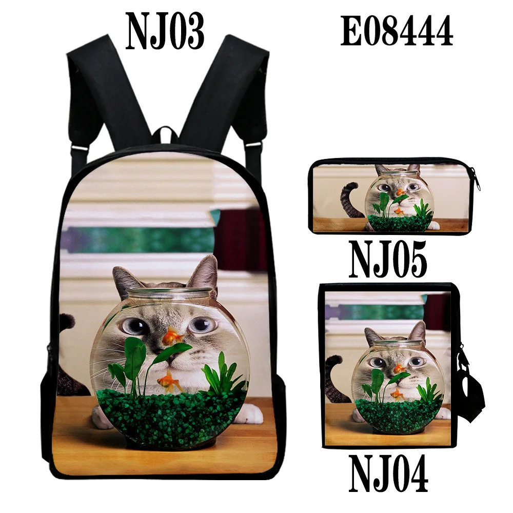 Trendy Popular Peculiar cat 3D Print 3pcs/Set pupil School Bags Laptop Daypack Backpack Inclined shoulder bag Pencil Case