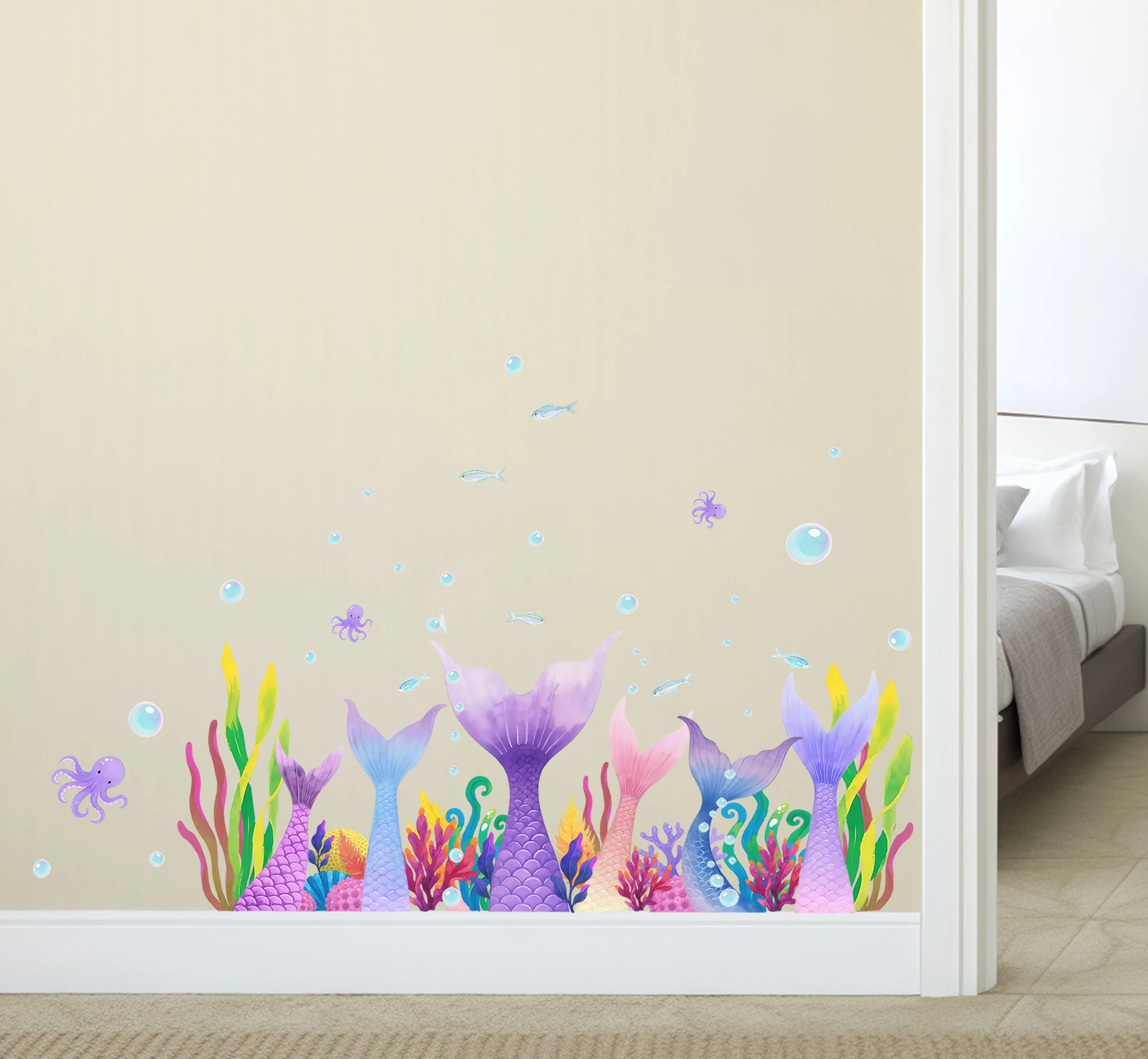 New Dreamy Ocean Mermaid Tail Seaweed Bubble Octopus Water Home Decoration Wall Stickers Room Decoration Door Stickers Bedroom L