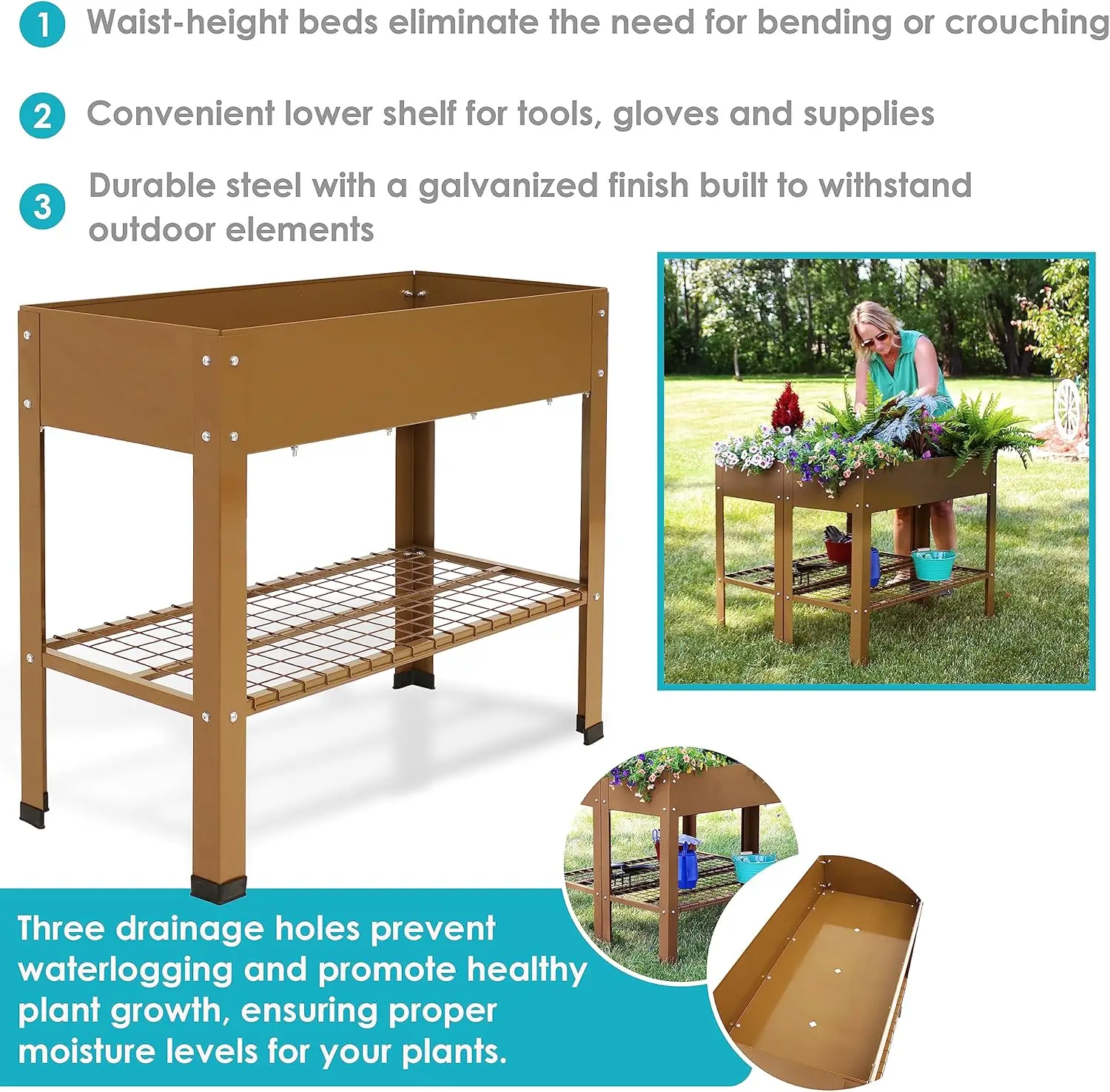 Sunnydaze Galvanized Steel Raised Garden Bed - Set of 2 Elevated Planter Boxes - Individual or Connected Use - Features Lower Storage Shelf - Brown