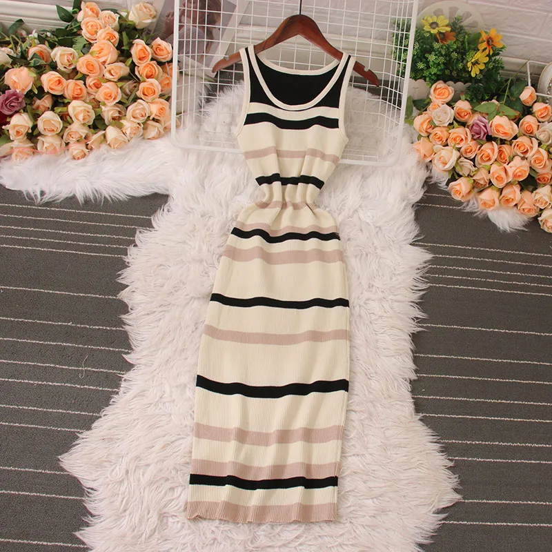 2024 New Summer Chic Stripe O-neck Knit Elastic Bodycon Dress Sexy Beach Vacation Sundress Slim Pencil Vestidos Long Dress