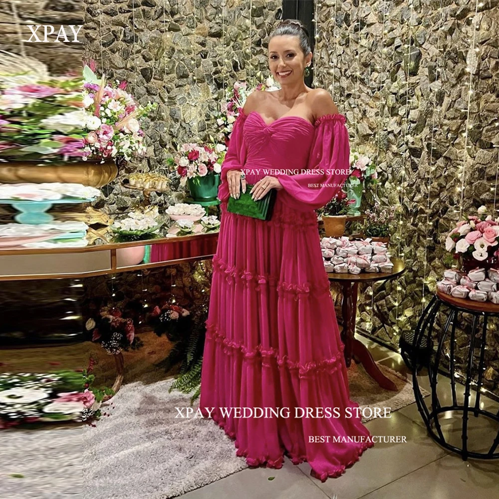 

XPAY Sexy Sweetheart Fuschia Prom Dresses Puff Long Sleeves Tiered Silk Chiffon Dubai Arabic Women Evening Gowns Plus Size