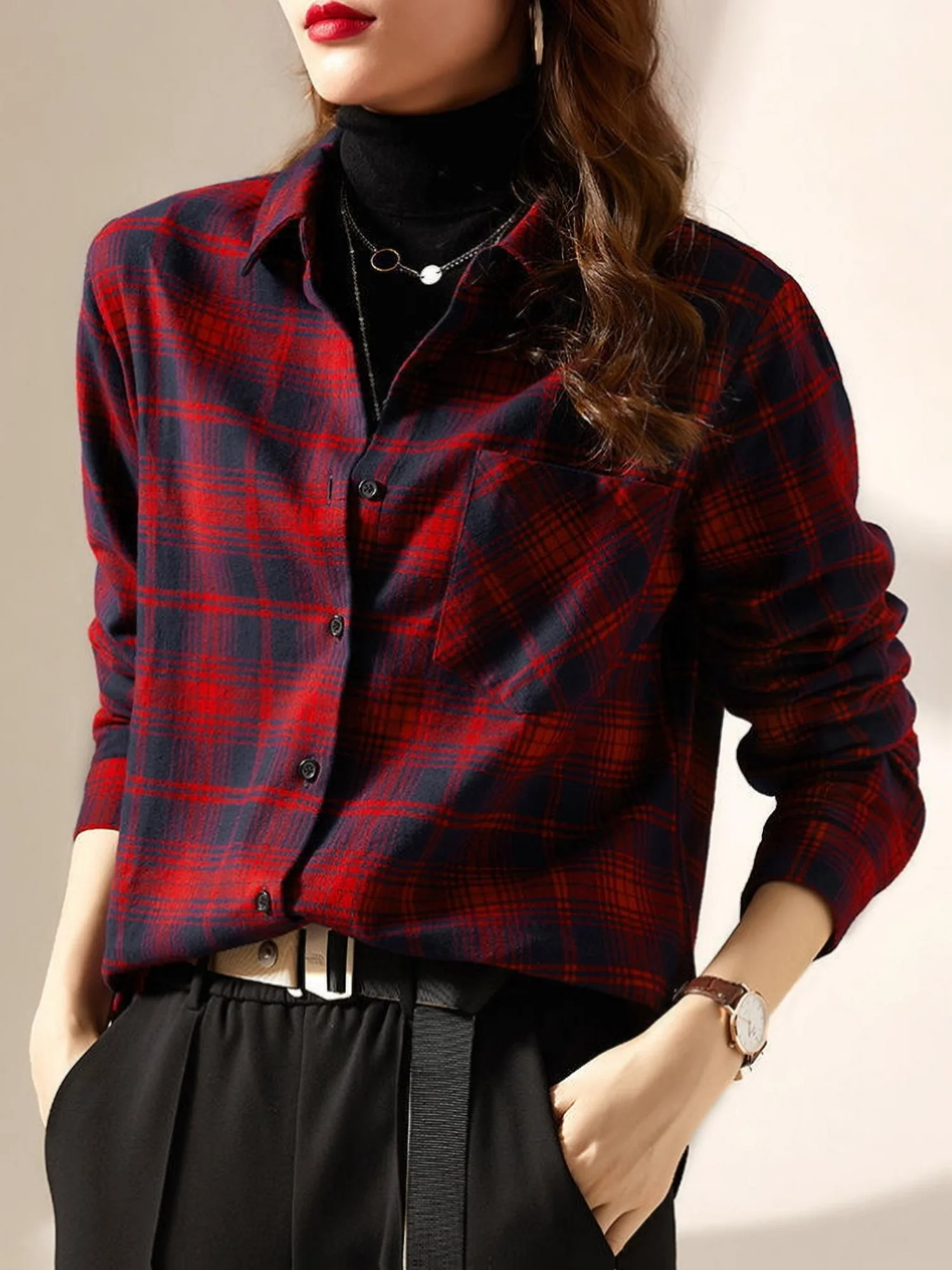 

Модная женская рубашка из чистого хлопка в красную клетку с длинными рукавами, новая свободная рубашка весны/осень 2024, топ с цветными блоками.