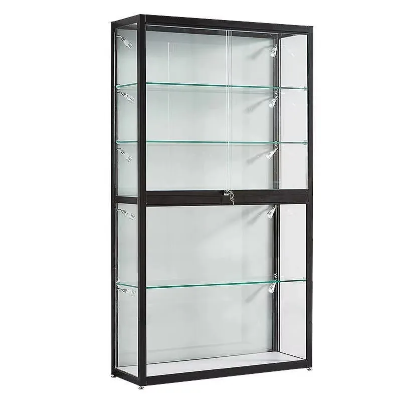 

Full Vision Aluminum Glass Tall Shop Display Cabinet Toy Figurine Display Showcase With Adjustable Glass Shelves and LED Light