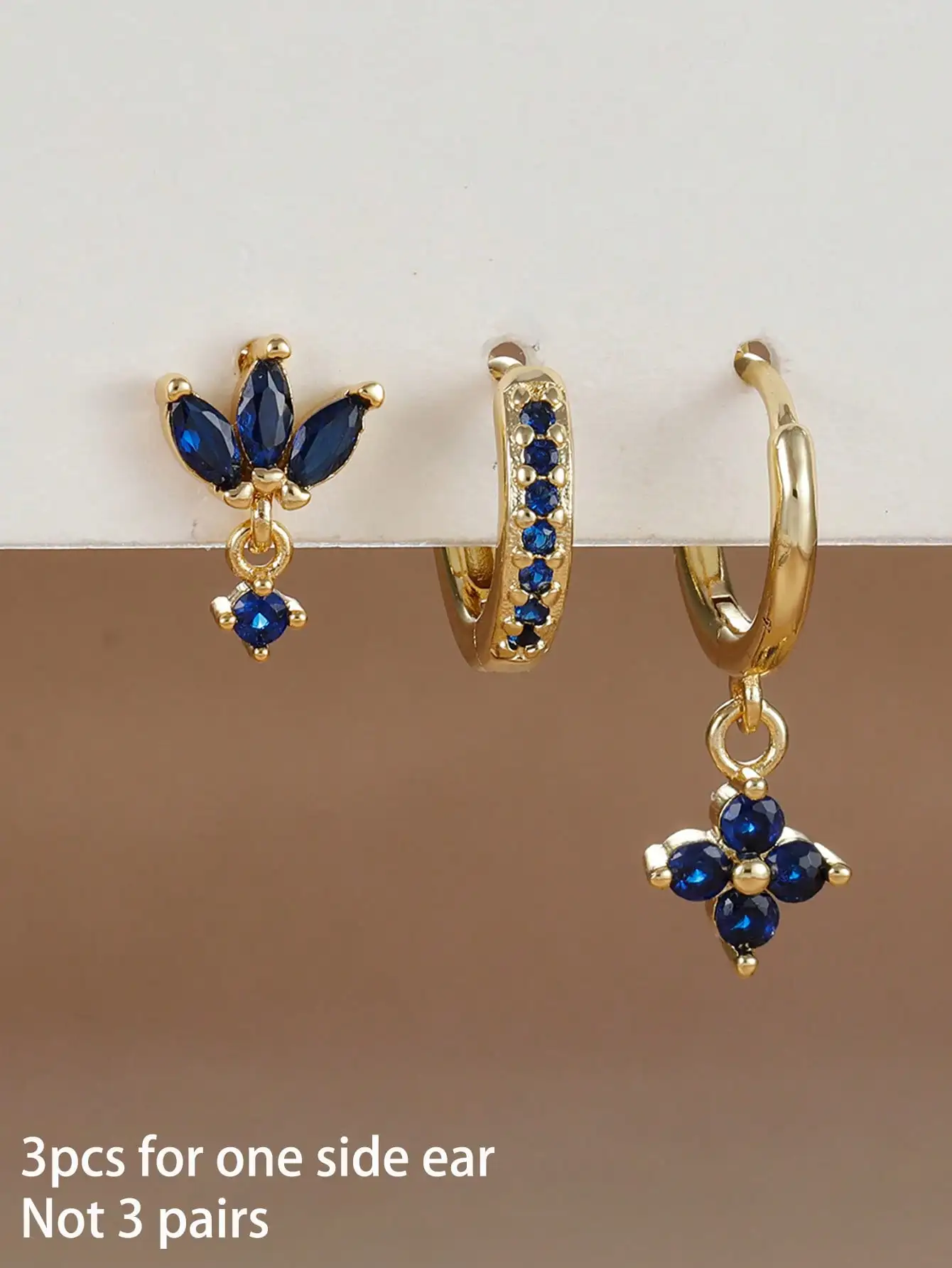 Juego de 3 Piezas de Aros y Pendientes Colgantes Asimétricos con Circonita Azul para Mujer