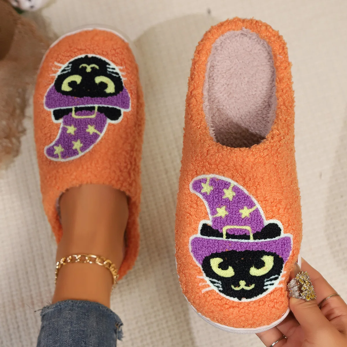 Ladies' Slippers Halloween Winter Orange Cat Indoor Home Plush Warm Slippers