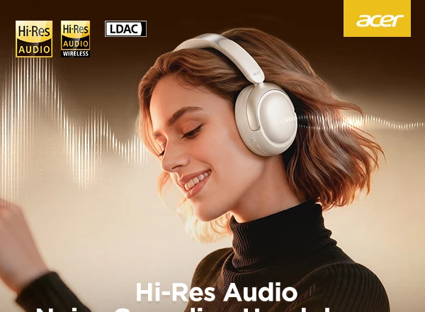 Acer OHR703 ANC Over-Ear-Kopfhörer -45dB Geräuschunterdrückende Headsets Bluetooth 6.0 Hi-Res LDAC Ohrhörer 40mm Treiber 160H Spielzeit – Detail 1