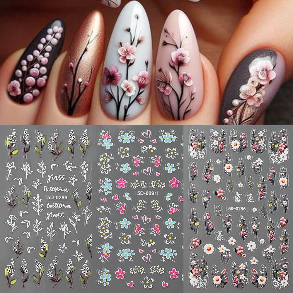 1Pc Plum Blossom 5D Embossed Nail Art Decals White Leaves Flowers Bouquet Adhesive Sliders Nail Stickers Decoration For Manicure