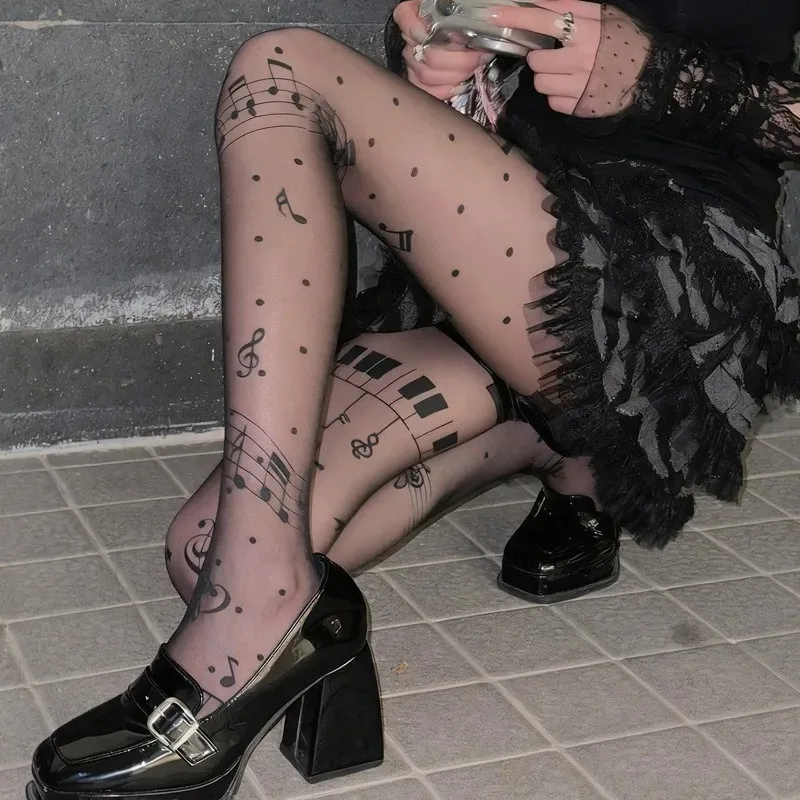 

New Musical Note Print Black Stockings Women Nightclub Sexy Mesh Sheer Tights Symbol Lolita Tights Y2K Silk Pantyhose Hosiery