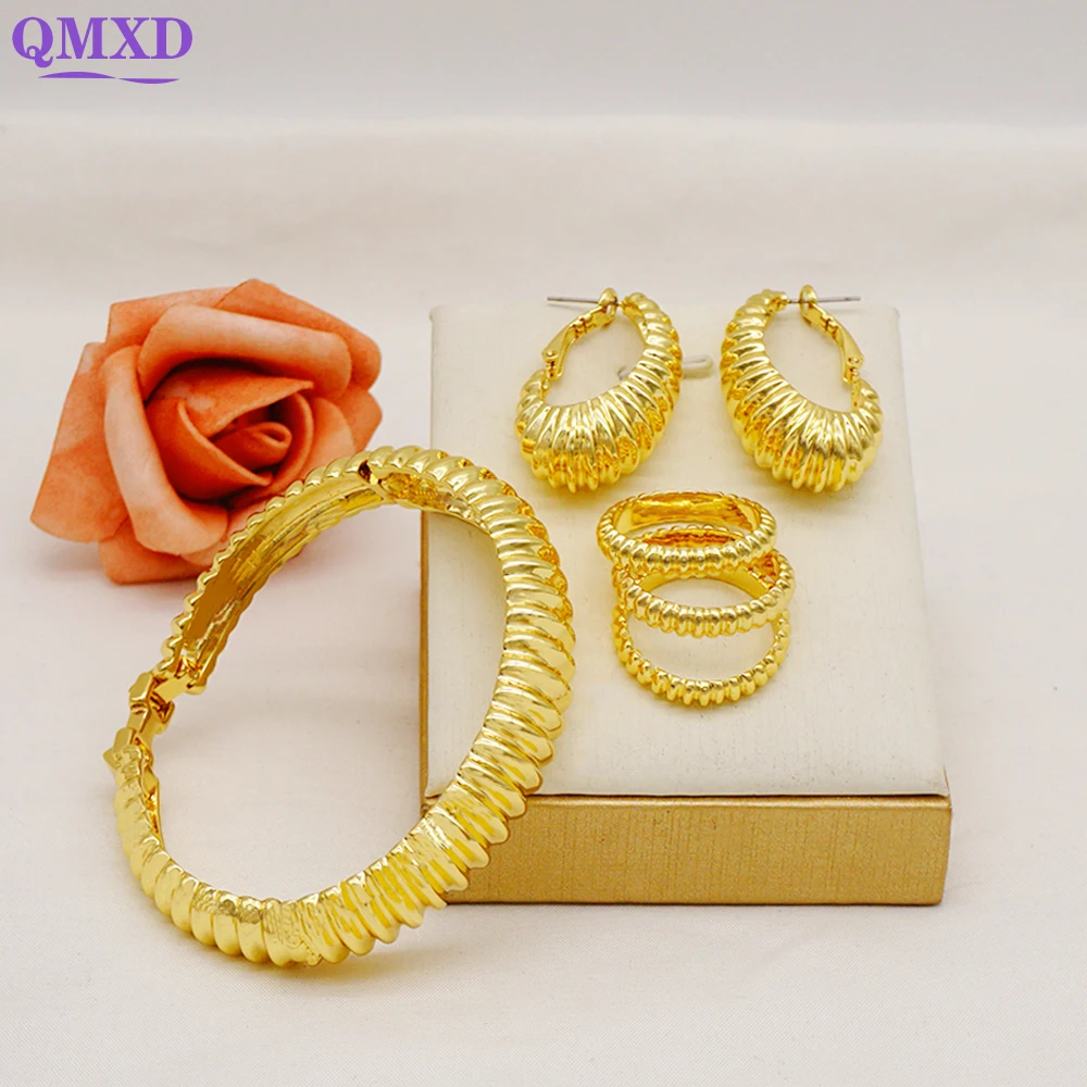 

Special Design Luxury Shiny Gold Color Bracelet Earrings Ring For women Jewellery Set For Party Wedding Bride Gift