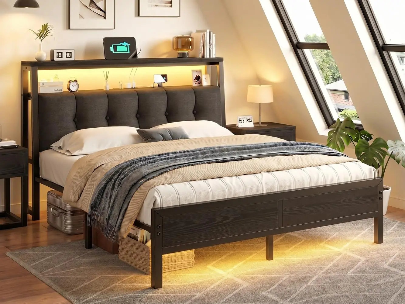 Upholstered Storage Bed Frame with LED & Charging, 12