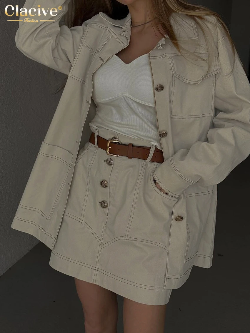 Clacive Fashion Loose Khaki Office 2 Piece Sets Women Outfit Elegant Long Sleeve Shirt With High Waist Mini Skirts Set Female