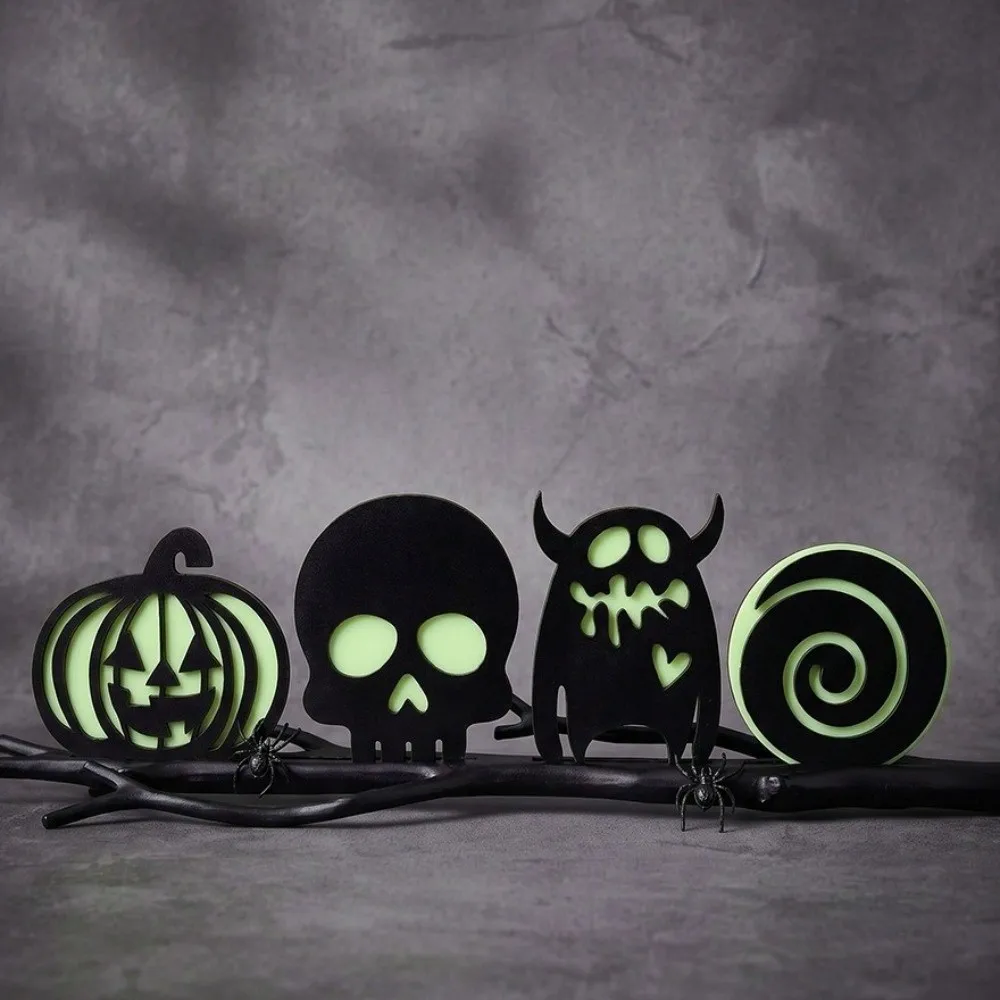 4/8PCS Anti-slip Glow-in-the-dark Coasters Dark Style Luminous Wooden Pumpkin Coasters Spooky Heatproof