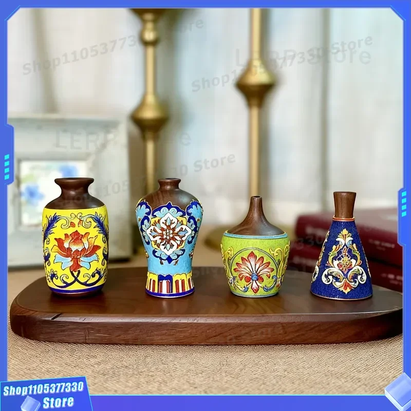Luxury Wooden Enamel Craft Vase Oriental Art Living Room Tabletop Ornament Home Decor Elegant Floral Arrangement Centerpiece