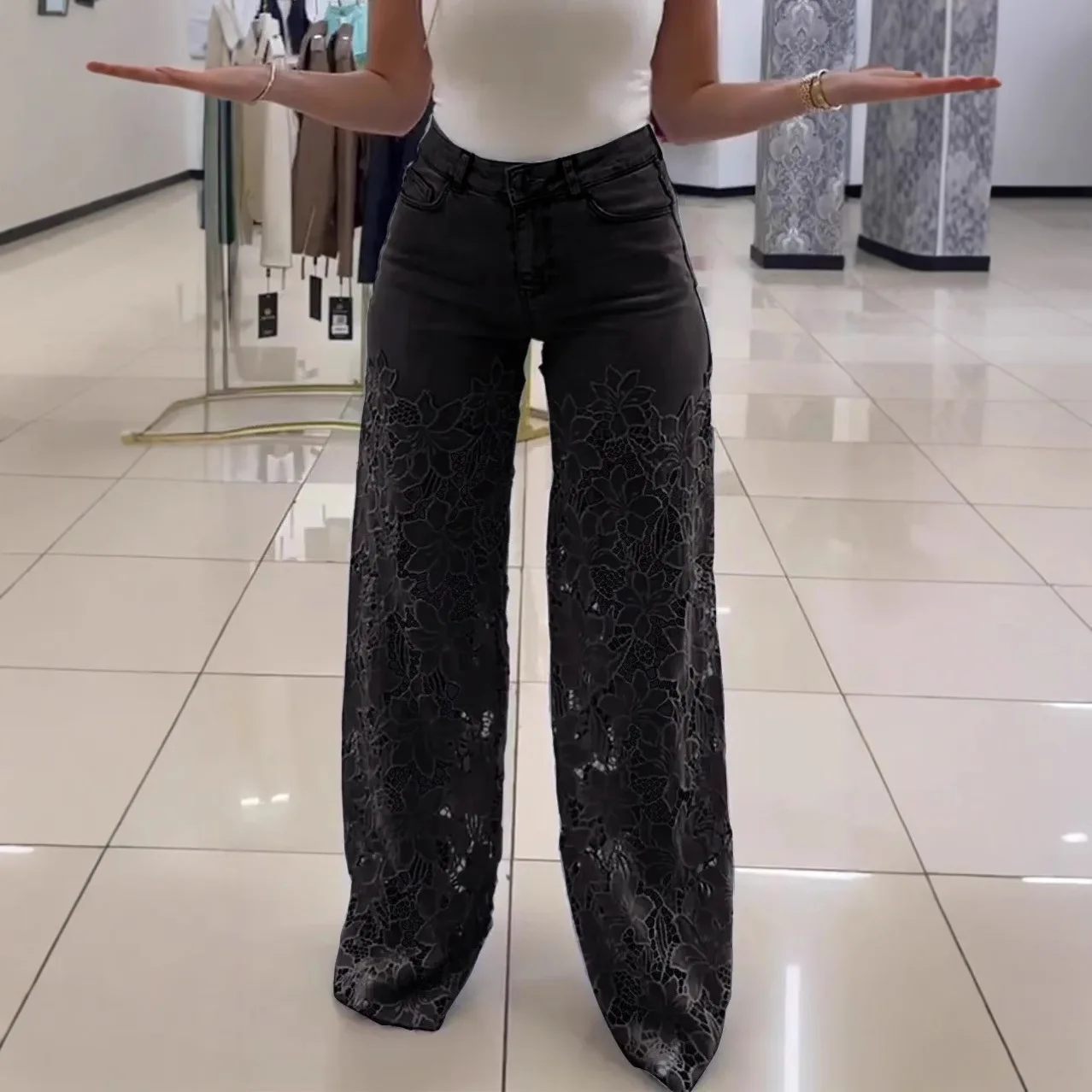 Hollow Out Flower Patchwork Jeans Women Fashion Temperament All-match Solid Color Straight Denim Trousers Female Streetwear New