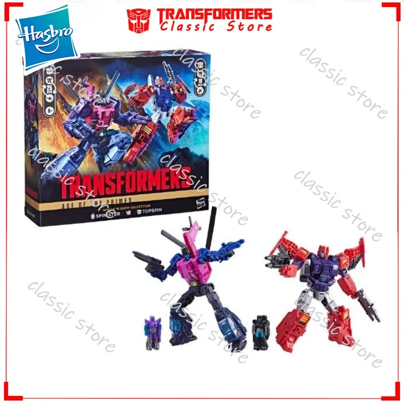 Em estoque clássico hasbro transformadores brinquedos idade dos primos spinister vs topspin cybertron autobots figuras de ação colecionáveis