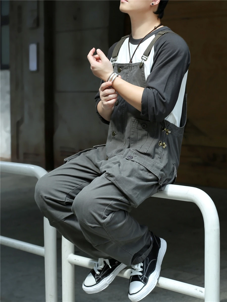 

Japanese Sle Canvas ey Workwear Overalls Straight Leg Large Size Heavy Du Apron Pants Trendy ex Long Trousers
