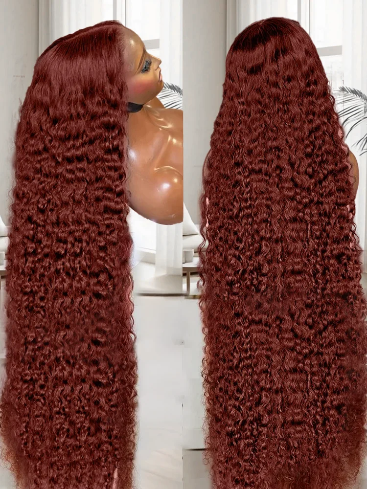 Reddish Brown Deep Wave 13x4 HD Lace Frontal Wig Colored Pre Plucked 40 Inch Curly 13x6 Lace Front Human Hair Wigs For Women