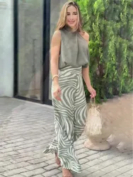 2024 Women's casual suit fashion sleeveless halter top zebra-print wide-leg pants two-piece set