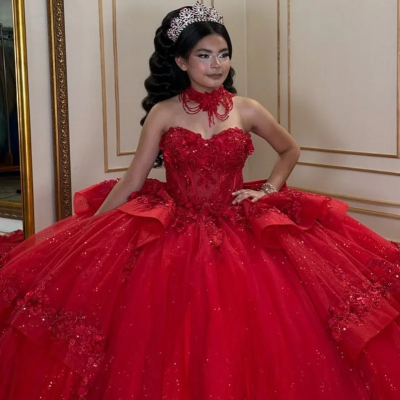 

Блестящее красное платье Quinceanera, кружевное многослойное платье с кристаллами и блестками, наклейка с 3D цветочным бантом, платья de 15, Quinceanera ﻿ Индивидуальный