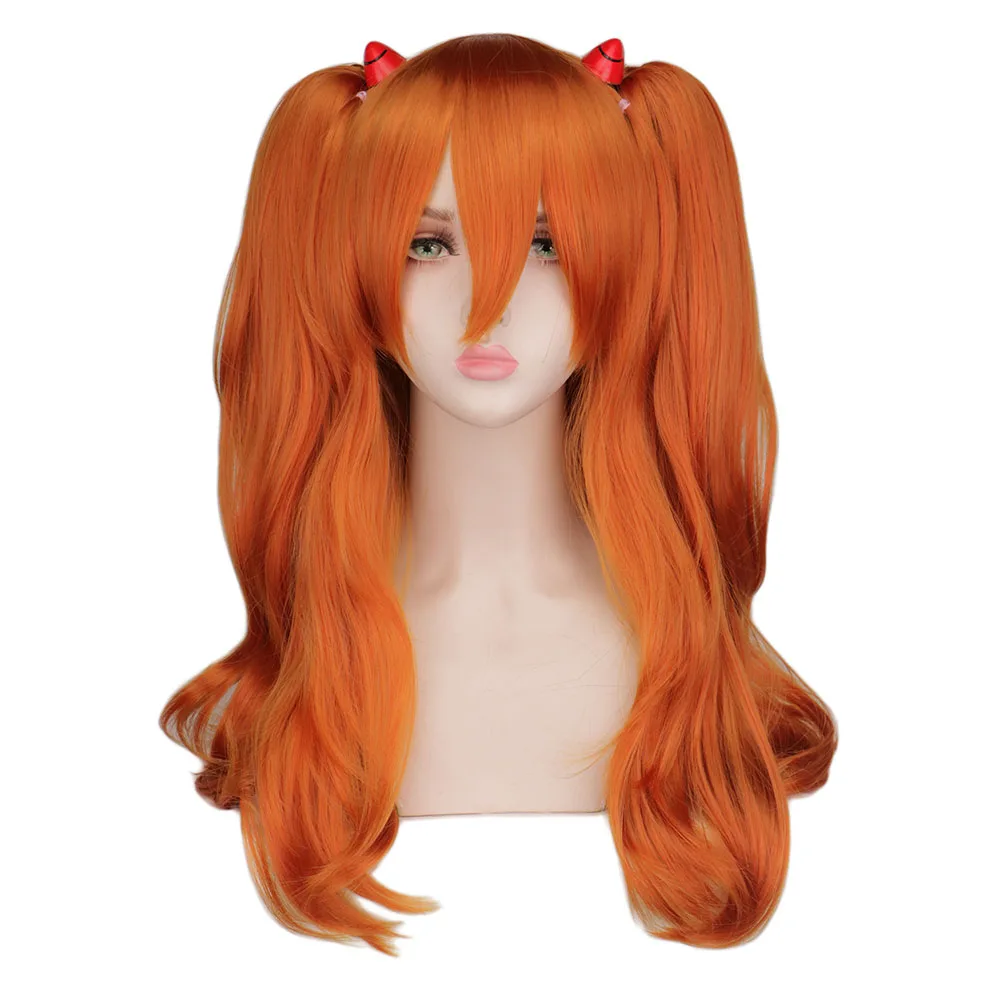 Orange Wig with Pigtails Cosplay Wig + Hairpin Anime Pigtails Womens Long Straight 2 Ponytails Halloween Hair Wig