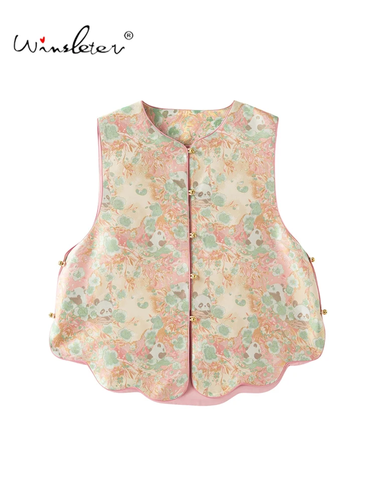 Winsleter-100%Real Silk Song Brocade Elegant Vest Coat, O Neck Cartoon Panda, Women Sweet Chic Waistcoat, 2026 Autumn C6O701CC