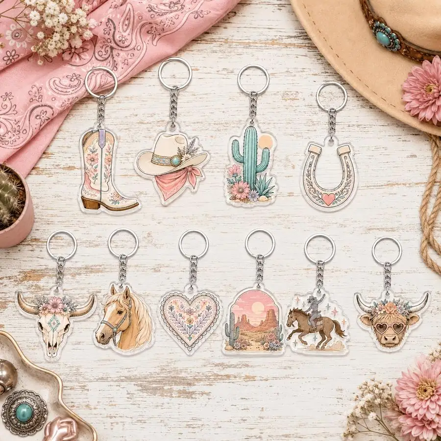 1/5/10/20/50/100pcs 2D Flat - 2Dflat Set of 10 Western-Style Acrylic Keychains for Cowboys, Featuring Boots/Hats/Cacti/Cowgirl H