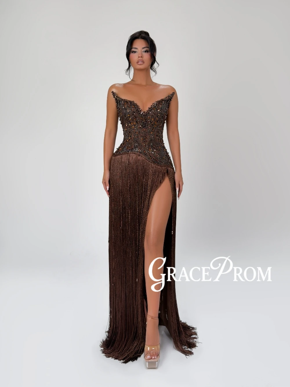 GRACEPROM Brown Fringe Tassel Evening Dress Chic V Neck Corset Beaded Customized Prom Gown Fashionable Stunning Party Wear