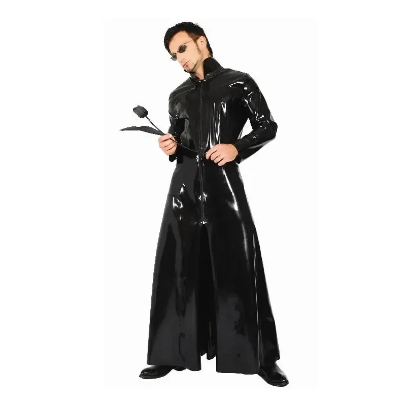 Unisex Black Long Glossy Leather Coat PVC Latex Trench Jacket Costume for Men Women Movie The Matrix Neo Cosplay