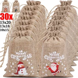 30/1Pcs Christmas Drawstring Bag Linen Candy Gift Bag Xmas Favor Bracelet Jewelry Packaging Drawstring Pouch Santa Claus Pattern