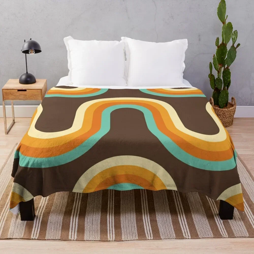 

70s Pattern Waves Brown Orange Teal Tones Pattern Throw Blanket Outdoor Soft Blanket for Picnic Beach Camping