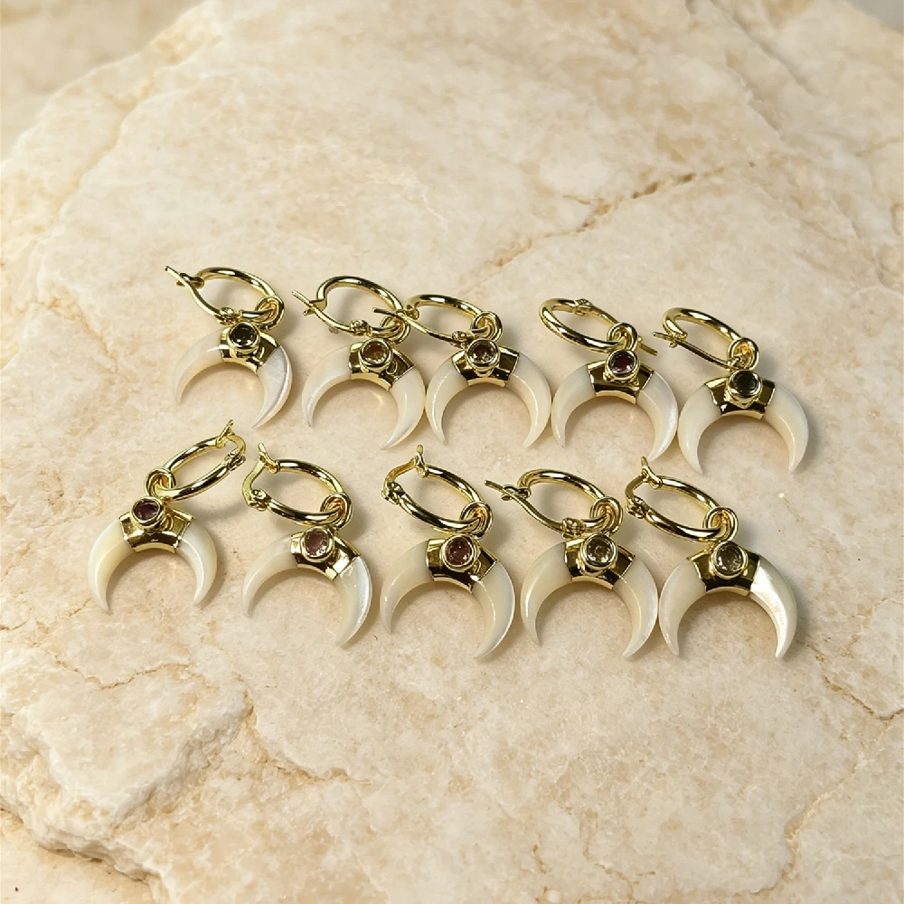 Boho Shell Crescent Moon Huggie Drop Earrings Gold Plated Tiny Zircon Inlay Dangle Ear Jewelry Gift For Women E2R667