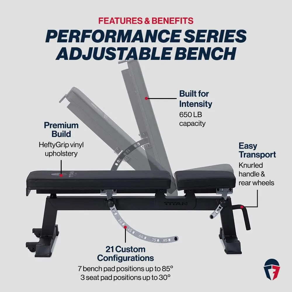 Performance Series Adjustable Bench, Supports 650 LB Incline, Versatile Utility Bench for Home Gym Weightlifting,, Custom